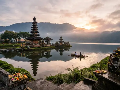 Lakeside temple in Bali at sunrise
