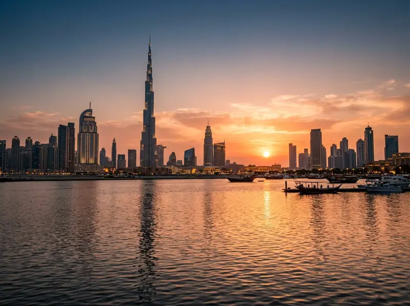 Dubai skyline with the Burj Khalifa at sunset across the water