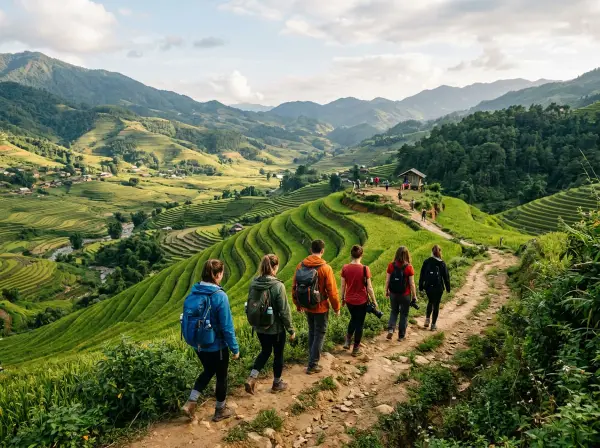Travellers hiking to a viewpoint over green rice terraces