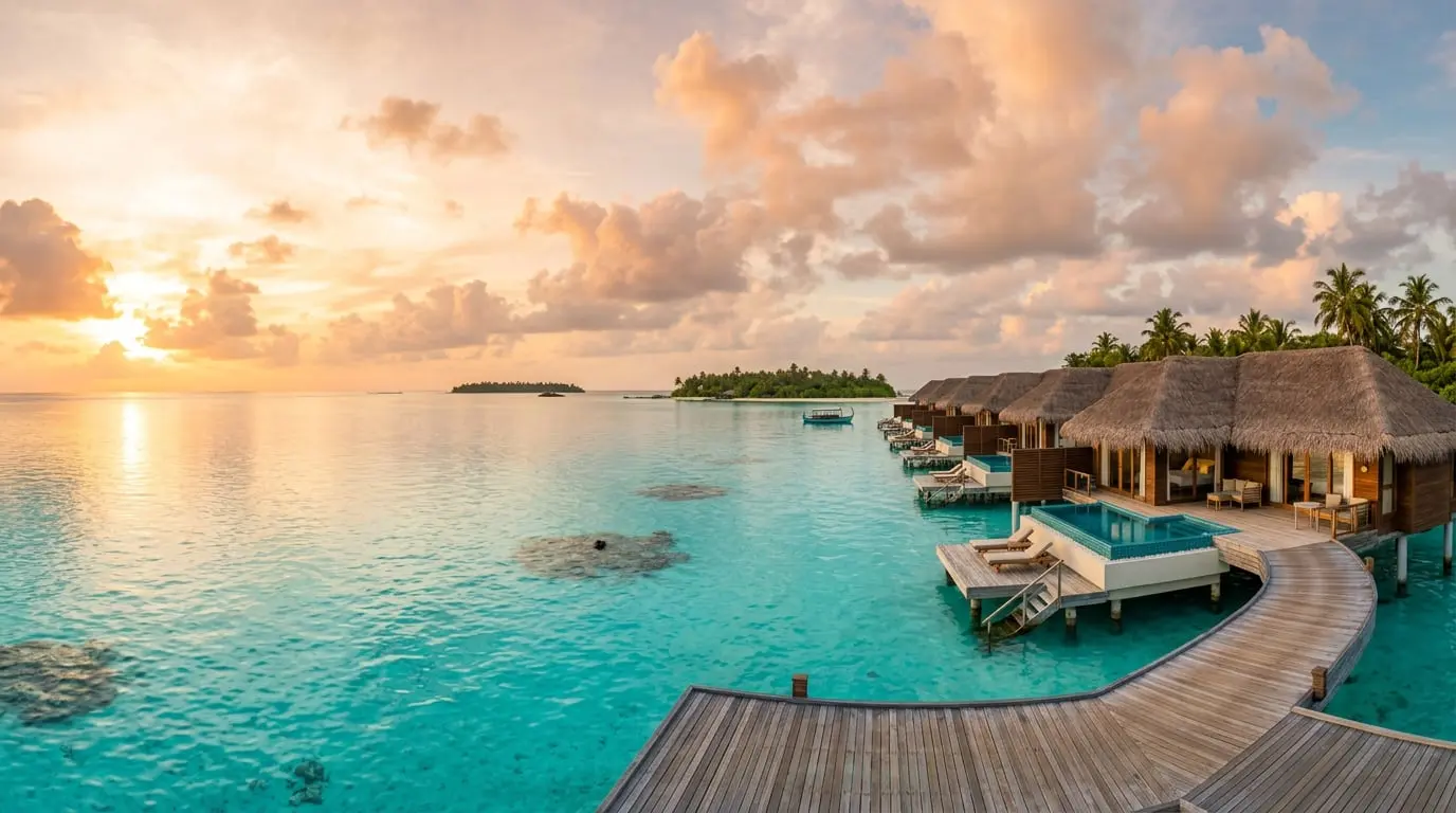Overwater villas and a wooden boardwalk over a turquoise lagoon at sunset