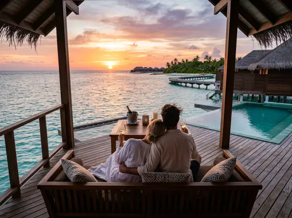 Couple relaxing on the deck of an overwater villa at sunset