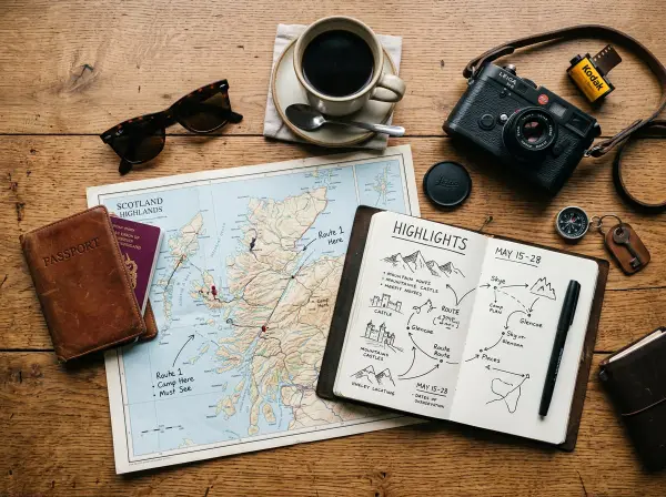 Map, passport, notebook and camera laid out for trip planning